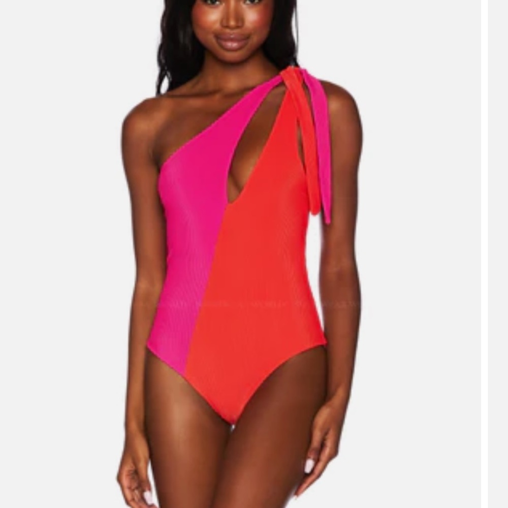 Beach Riot Magenta/Coral Nia Ribbed Asymmetric One Piece Swimsuit XS NWT
